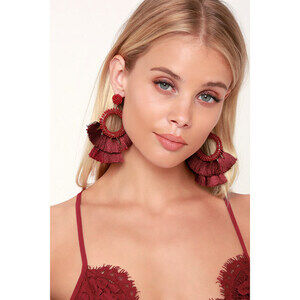 Lulus Darrisha Burgundy Beaded Tassel Statement Earrings Red